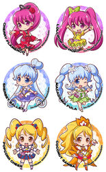  6+girls aino_megumi alternate_form arm_up artist_name black_thighhighs blonde_hair blue_eyes blue_hair blue_skirt boots bow brooch chibi choker commentary_request cure_honey cure_honey_(coconut_samba) cure_honey_(popcorn_cheer) cure_lovely cure_lovely_(cherry_flamenco) cure_lovely_(lollipop_hip_hop) cure_princess cure_princess_(macadamia_hula_dance) cure_princess_(sherbet_ballet) dress dual_persona earrings flower flower_earrings frills green_choker green_skirt hair_bun hair_flower hair_ornament hairbow happinesscharge_precure! heart heart_brooch heart_earrings heart_hair_bun high_ponytail jewelry jumping katsuma_rei knee_boots long_hair magical_girl multiple_girls oomori_yuuko orange_footwear pantyhose pink_eyes pink_hair ponytail precure red_dress red_flower red_rose red_wrist_cuffs rose samba shirayuki_hime shoes single_hair_bun skirt smile thighhighs twintails waist_bow white_legwear wide_ponytail wing_brooch wrist_cuffs yellow_eyes yellow_skirt 