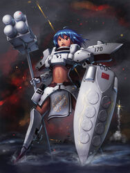  ahoge anchor armor blue_hair commentary_request copyright_request destroyer ericsakura female firing flag gun hammer highres mecha_musume midriff military military_vehicle missile navel ocean oerba_yun_fang people&#039;s_liberation_army people&#039;s_liberation_army_navy people&#039;s_republic_of_china_flag photoshop_(medium) radar red_eyes shield ship solo type_052c_destroyer warship water watercraft weapon 