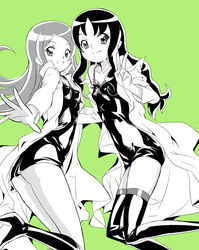  2girls breasts closed_mouth commentary_request cure_blossom_mirage cure_marine_mirage dress green_background greyscale_with_colored_background heartcatch_precure! highres jacket long_hair magical_girl makacoon mirage_precure multiple_girls open_clothes open_jacket photoshop_(medium) precure simple_background small_breasts smile thighhighs thighs v 