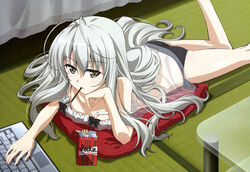  absurdres ahoge antenna_hair chemise computer downblouse female food grey_hair highres kamimoto_kanetoshi kasugano_sora laptop lingerie long_hair lying mouth_hold nyantype official_art on_stomach panties photoshop_(medium) pillow pocky solo strap_slip table underwear very_long_hair yosuga_no_sora 