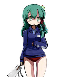  alternate_costume buruma female frog gatau gohei green_hair gym_uniform hair_ornament kochiya_sanae long_hair red_buruma snake solo thigh_gap touhou yellow_eyes 