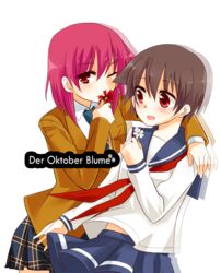  2girls blazer brown_hair commentary_request flower jacket kiyosumi_school_uniform kusugaya miyanaga_saki miyanaga_teru multiple_girls neckerchief plaid plaid_skirt pleated_skirt red_eyes red_hair red_neckerchief saki_(manga) school_uniform serafuku shiraitodai_school_uniform short_hair siblings sisters skirt 