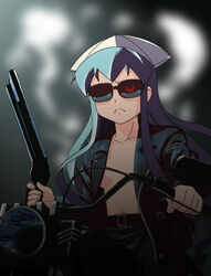  :&lt; arnold_schwarzenegger belt biker_clothes blue_hair commentary_request cosplay crossover female glowing glowing_eye gun hat ikamusume jacket leather leather_jacket long_hair md5_mismatch motor_vehicle motorcycle omotyanoneko open_clothes open_jacket parody shinryaku!_ikamusume shotgun solo sunglasses t-800 t-800_(cosplay) terminator_(series) terminator_2:_judgment_day the_terminator weapon 