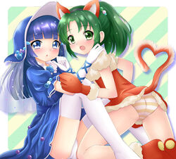  2girls alternate_costume animal_ears aoki_reika blue_eyes blue_hair blue_skirt blush cat_ears cat_tail commentary_request gloves green_eyes green_hair hat heart heart_tail high_ponytail kemonomimi_mode long_hair midorikawa_nao multiple_girls panties pantyshot ponytail precure red_skirt shoes skirt smile_precure striped_background striped_clothes striped_panties tail tamago_kago thighhighs underwear white_legwear white_panties 