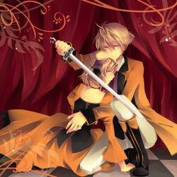  1boy aku_no_meshitsukai_(vocaloid) aku_no_musume_(vocaloid) allen_avadonia aqua_eyes blonde_hair boots brother_and_sister commentary_request curtains dress evillious_nendaiki female flower hair_flower hair_ornament highres jikei kagamine_len kagamine_rin orange_dress riliane_lucifen_d&#039;autriche short_hair siblings sword twins vocaloid weapon 