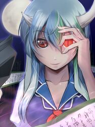  blue_hair commentary_request ex-keine female full_moon green_hair hat horns kamishirasawa_keine long_hair moon multicolored_hair red_eyes reflection scroll slit_pupils smile solo touhou two-tone_hair unworn_hat unworn_headwear upper_body you_naka 