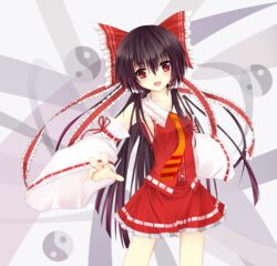  bad_id bad_pixiv_id blush bow brown_hair detached_sleeves female hairbow hakurei_reimu highres long_hair necktie niboss no_bra oerba_yun_fang red_eyes solo touhou yin_yang 