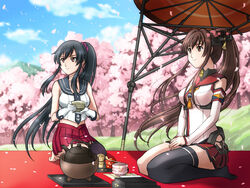  2girls bare_shoulders black_hair black_legwear blue_sky blush breasts brown_eyes brown_hair chasen cherry_blossoms cloud commentary_request cup day detached_sleeves flower fujii_satoshi furo_(brazier) gloves hair_flower hair_ornament kantai_collection kettle large_breasts long_hair miniskirt mountain multiple_girls navel oil-paper_umbrella petals ponytail pot radar red_eyes red_skirt school_uniform seiza serafuku single_thighhigh sitting skirt sky smile tea tea_ceremony thighhighs umbrella very_long_hair white_gloves yahagi_(kancolle) yamato_(kancolle) yunomi 