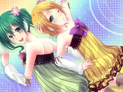  2girls arm_up arm_warmers bad_id bad_pixiv_id blush bow cheerful_candy_(module) colorful_drop_(module) colorful_x_melody_(vocaloid) flower green_eyes green_hair hand_on_own_hip hatsune_miku kagamine_rin looking_back multiple_girls one_eye_closed project_diva_(series) project_diva_2nd short_hair siempre thighhighs twintails vocaloid 