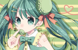  aqua_eyes aqua_hair bow bowtie commentary earrings female food food-themed_hair_ornament green_eyes green_theme hair_ornament hair_ribbon hairbow hairclip hatsune_miku holding holding_food jewelry long_hair macaron macaron_earrings macaron_hair_ornament ribbon solo twintails vocaloid wasabi_(sekai) 