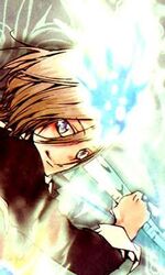  basil blue_eyes brown_hair flame katekyo_hitman_reborn smiling weapon 