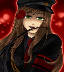  axis_powers_hetalia bad_id bad_pixiv_id brown_hair female flower green_eyes hair_flower hair_ornament hat holding holding_riding_crop hungary_(hetalia) licking long_hair military military_uniform mita_(matsuri68) red_flower red_rose riding_crop rose solo uniform 