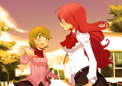  2girls bad_id bad_pixiv_id blush bow brown_eyes brown_hair gekkoukan_high_school_uniform kida_yuu kirijou_mitsuru long_hair multiple_girls outstretched_hand persona persona_3 red_hair school_uniform short_hair smile yukari_takeba 