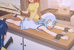  3girls aizawa_chizuru aizawa_eiko ass ass_grab bad_end bad_food barefoot blue_eyes blue_hair commentary_request cooking dress hands hashitsuki_nata higurashi_no_naku_koro_ni ikamusume indoors kitchen kitchen_knife kneepits knife kyoudyu legs multiple_girls nata_(tool) parody photoshop_(medium) restrained scared shinryaku!_ikamusume stationary_restraints tears you_gonna_get_eaten 