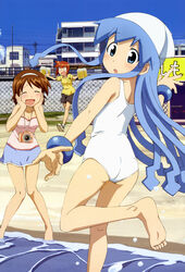  3girls :d :o absurdres aizawa_eiko alcohol bad_feet barefoot beach beer blue_eyes blue_hair blush brown_hair camera casual city closed_eyes day drink feet hairband hands hat highres honda_yoshino ikamusume imageboard_desourced long_hair looking_back multiple_girls nagatsuki_sanae non-web_source nyantype ocean official_art one-piece_swimsuit open_mouth outdoors red_hair school_swimsuit shinryaku!_ikamusume short_hair shorts sky smile swimsuit water white_one-piece_swimsuit 