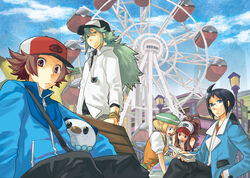  2girls 3boys bad_id bad_pixiv_id baseball_cap bianca_(pokemon) black_hair blonde_hair blue_eyes brown_eyes brown_hair cck_(ops) cheren_(pokemon) cloud commentary_request day ferris_wheel glasses green_eyes green_hair hat hilbert_(pokemon) hilda_(pokemon) multiple_boys multiple_girls n_(pokemon) oshawott photoshop_(medium) pokemon pokemon_(creature) pokemon_bw ponytail sky 