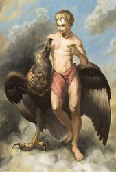  1boy aged_down barefoot bird blue_sky cloud commentary_request eagle ganymede_(mythology) greek_mythology loincloth male_focus nablange outdoors photoshop_(medium) sky standing topless_male zeus_(mythology) 