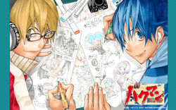  2boys bakuman blonde_hair blue_eyes blue_hair drawing earphones glasses headphones ink looking_at_viewer mashiro_moritaka multiple_boys obata_takeshi official_art official_wallpaper pen scan smile takagi_akito yellow_eyes 