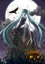  aqua_eyes aqua_hair bandages barefoot bird celtic_cross commentary_request cross crow dress female flower full_moon graveyard halloween hatsune_miku huge_moon jack-o&#039;-lantern long_hair looking_to_the_side majicjiang moon night night_sky outdoors photoshop_(medium) pumpkin red_flower red_rose rose sitting sky solo stitches strap_slip tombstone twintails very_long_hair vocaloid zombie 