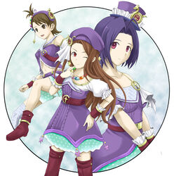  3girls asymmetrical_clothes bad_id bad_pixiv_id blue_hair brown_eyes brown_hair dress futami_ami hat idolmaster idolmaster_(classic) idolmaster_2 long_hair minase_iori miura_azusa multiple_girls one_eye_closed palace_of_dragon_(idolmaster) pontai red_eyes ryuuguu_komachi_(idolmaster) side_ponytail thighhighs 