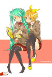  2girls bad_id bad_pixiv_id blonde_hair bow bowtie hair_ornament hairclip hatsune_miku highres kagamine_rin kurashiki_(kas0) long_hair magazine_(object) multiple_girls reading school_uniform shoes shounen_jump sitting sweater thighhighs twintails twirling_hair uwabaki very_long_hair vocaloid 