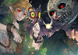  1boy bad_end ben_drowned black_sclera blood blood_from_eyes chained_wrists chains colored_sclera commentary corruption creepypasta cuffs fairy hood horror_(theme) kawacy link majora_(entity) mask moon moon_(zelda) night night_sky outdoors pointy_ears red_eyes ruins shackles sitting sky smirk star_(sky) starry_sky tael tatl the_legend_of_zelda the_legend_of_zelda:_majora&#039;s_mask torn_clothes tunic 