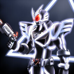  1boy belt commentary_request glowing gun irisu_haniwa kamen_rider kamen_rider_555 kamen_rider_delta male_focus neon_trim solo weapon 