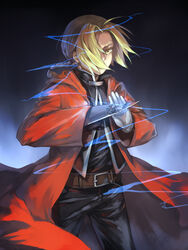  1boy ahoge belt blonde_hair braid braided_ponytail cloak commentary_request edward_elric fullmetal_alchemist gloves hair_over_one_eye male_focus pananada single_braid solo weapon white_gloves yellow_eyes 