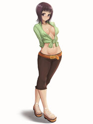  arms_behind_back belt black_hair bracelet breasts brown_eyes capri_pants cleavage commentary_request female front-tie_top highres hip_focus itsuwa jewelry large_breasts medium_hair midriff navel necklace no_bra pants photoshop_(medium) platform_footwear sandals shirt sleeves_rolled_up smile solo sueyuu tied_shirt toaru_majutsu_no_index toaru_majutsu_no_index:_old_testament 