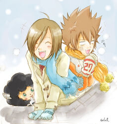  basil blue_eyes brown_hair closed_eyes gloves katekyo_hitman_reborn lambo sawada_tsunayoshi scarf smiling 