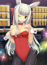  absurdres amano_yuu animal_ears bar_(place) bare_shoulders blunt_bangs blush breasts cleavage copyright_request duplicate female fishnet_pantyhose fishnets hair_ribbon highres image_sample large_breasts long_hair looking_at_viewer one_eye_closed pantyhose playboy_bunny rabbit_ears red_eyes ribbon sidelocks smile solo white_hair wrist_cuffs yandere_sample 