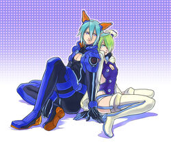  1boy aqua_eyes aqua_hair back-to-back bad_id bad_pixiv_id blue_eyes bodysuit boots cleavage_cutout clothing_cutout couple female green_hair hair_ornament hair_over_one_eye hunewearl hunewm mukuge phantasy_star phantasy_star_zero pointy_ears short_hair side_cutout squatting straight thigh_boots thighhighs 