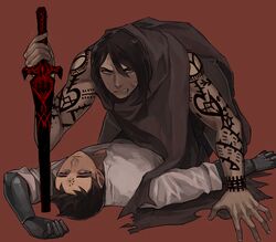  2boys arm_support assa black_hair blue_eyes clenched_teeth commentary_request dark-skinned_male dark_skin facial_mark long_hair lying male_focus mechanical_arms multiple_boys on_back parted_lips planted planted_sword red_background scp-073 scp-076-2 scp_foundation single_mechanical_arm sword tattoo teeth weapon 