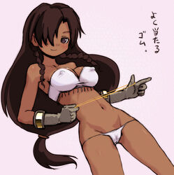  ballista_(sekaiju) ballista_4_(sekaiju) bikini braid breasts brown_eyes brown_hair cameltoe covered_nipples dark-skinned_female dark_skin female gloves groin hair_over_one_eye light_smile long_hair lowleg lowleg_bikini medium_breasts navel photoshop_(medium) rubber_band sekaiju_no_meikyuu sekaiju_no_meikyuu_3 simple_background solo swimsuit translation_request twin_braids white_bikini yuuichi_(tareme_paradise) 