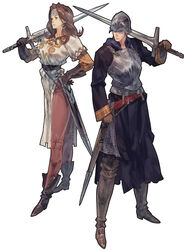  1boy absurdres armor boots brown_hair earrings female fighter_(tactics_ogre) gloves helmet highres jewelry long_hair long_sleeves masao_tsubasa official_art photoshop_(medium) simple_background standing sword tactics_ogre weapon yoshida_akihiko 