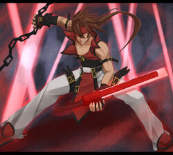  1boy akitsuki_karasu belt brown_hair chains commentary_request fingerless_gloves fireseal gloves grin guilty_gear hair_over_one_eye headband long_hair male_focus red_eyes smile sol_badguy solo sword weapon 