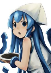  black_spaghetti blue_eyes blue_hair commentary_request female food hat ikamusume ink jas_(annkoromochi) long_hair pasta shinryaku!_ikamusume solo spaghetti 