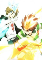  basil blue_eyes brown_eyes brown_hair flame gloves katekyo_hitman_reborn red_shirt sawada_tsunayoshi striped_shirt weapon 