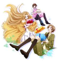  2boys alternate_costume apron bad_id bad_pixiv_id black_hair blue_eyes bouquet brown_hair cake code_geass dress female floating flower food formal gift lelouch_vi_britannia long_hair multiple_boys nunnally_vi_britannia open_mouth purple_eyes rolo_lamperouge sagari24 short_hair smile 