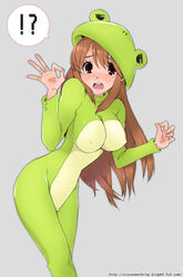  !? animal_costume asahina_mikuru blush breasts brown_eyes brown_hair covered_nipples endless_eight female frog_costume impossible_clothes kari_(kakko_k) large_breasts long_hair open_mouth simple_background solo suzumiya_haruhi_no_yuuutsu tears 