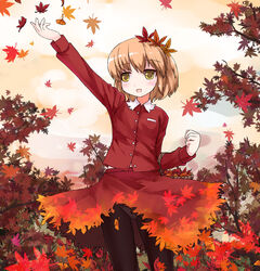  aki_shizuha autumn autumn_leaves bad_id bad_pixiv_id basket blonde_hair female hair_ornament ktsecond leaf leaf_hair_ornament maple_leaf panties panties_under_pantyhose pantyhose pantyshot short_hair skirt solo touhou underwear yellow_eyes 