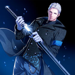  1boy black_background blue_background coat commentary_request devil_may_cry_(series) dmc:_devil_may_cry dutch_angle gloves gradient_background katana kuren male_focus pants sheath solo sword unsheathing vergil_(dmc:_devil_may_cry) weapon white_hair 