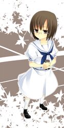  brown_eyes brown_hair commentary_request cup female glasses kusugaya leaf saki_(manga) school_uniform shibuya_takami shiraitodai_school_uniform short_hair solo 