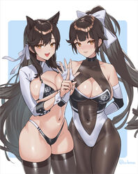  2girls animal_ears arm_behind_back atago_(azur_lane) atago_(stunning_speedster)_(azur_lane) azur_lane bare_shoulders bikini black_bikini black_hair bodystocking bow breasts cleavage collarbone covered_navel cuboon dog_ears extra_ears floppy_ears hair_ears hair_flaps hairbow highleg highleg_bikini index_finger_raised large_breasts long_hair mole mole_under_eye multicolored_leotard multiple_girls official_alternate_costume open_hand open_mouth ponytail race_queen ribbon shrug_(clothing) smile swept_bangs swimsuit takao_(azur_lane) takao_(full_throttle_charmer)_(azur_lane) taut_bodystocking two-tone_bikini two-tone_leotard white_bow white_ribbon wrist_cuffs 