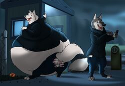  2016 anthro belly big_belly bottomwear canid canine canis claws clothed clothing dessert disney doughnut duo electronics eye_contact fangs fence food fur gary_(zootopia) grey_body grey_fur hectorthewolf holding_object holding_phone jacket keychain larry_(zootopia) looking_at_another male mammal morbidly_obese morbidly_obese_anthro morbidly_obese_male obese obese_anthro obese_male open_mouth outside overweight overweight_anthro overweight_male pants pastry phone raised_tail rear_view standing tail teeth toe_claws tongue topwear torn_bottomwear torn_clothing torn_pants underwear white_body white_fur wolf zootopia 