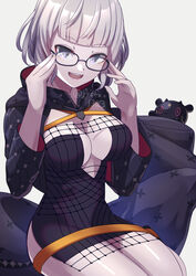  baphomet_(fate) belt black_dress black_jacket blue_eyes breasts cleavage cropped_jacket dress fate/grand_order fate_(series) female glasses grey_hair highres hood hooded_jacket jacket jacques_de_molay_(foreigner)_(fate) jacques_de_molay_(foreigner)_(second_ascension)_(fate) lamb large_breasts long_sleeves looking_at_viewer open_clothes open_jacket open_mouth ryofuhiko sheep short_dress short_hair smile thighs 