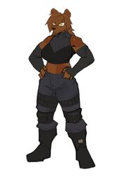  2021 anthro bear biped boots bottomwear clothed clothing dasha_(petruz) digital_media_(artwork) female footwear goonie-san hi_res mammal midriff pants shirt simple_background sleeves solo standing tactical_gear topwear white_background yellow_eyes 