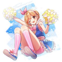  ;d aiba_yumi blue_skirt blue_sky blush cheerleader cloud dated female frilled_skirt frills full_body happy_birthday highres holding holding_pom_poms hood hoodie idolmaster idolmaster_cinderella_girls kneehighs knees_up looking_at_viewer natsumi_(natumi06) one_eye_closed orange_hair outstretched_arm partially_unzipped pink_shorts pink_tube_top pom_pom_(cheerleading) short_hair shorts shorts_under_skirt skirt sky sleeveless sleeveless_hoodie smile socks solo sparkle star_(symbol) strapless tube_top 