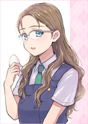  :d aqua_necktie argyle_background bad_id bad_pixiv_id blue_dress blue_eyes brown_hair collared_shirt dress egg female glasses grey-framed_eyewear holding holding_egg koucha_riku long_hair looking_at_viewer multicolored_background nagase_koito necktie open_mouth over-rim_eyewear pinafore_dress pink_background school_uniform semi-rimless_eyewear shirt short_sleeves simple_background sleeveless sleeveless_dress smile solo upper_body white_background white_shirt wonder_egg_priority 