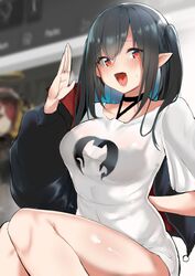  :d absurdres arknights arm_up black_choker black_hair black_jacket blurry blurry_background blush breasts choker closure_(arknights) female github hair_between_eyes highres jacket large_breasts long_hair looking_at_viewer no_pants oerba_yun_fang open_mouth pointy_ears red_eyes shirt short_sleeves sidelocks sitting skin_fang smile solo teriibol thighs vampire white_shirt 